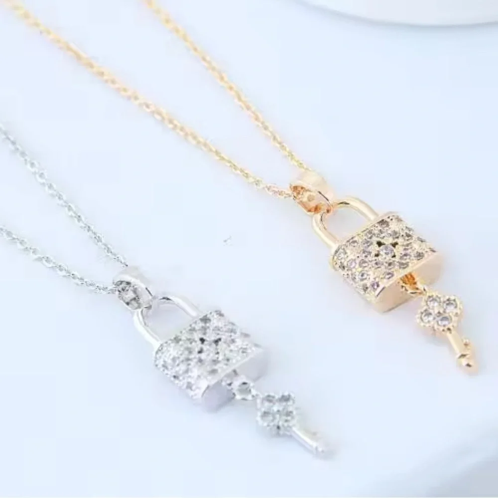 18K Gold Clover & Flower Diamond Lock & Key Luxury Inspired Design Necklace